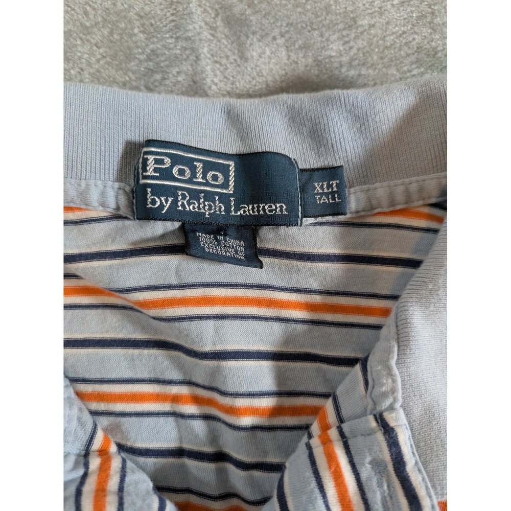 VTG Polo Ralph Lauren Shirt Men's Orange Blue Striped Short Sleeve Gold Pony XLT - Picture 2 of 4